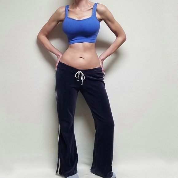 Vintage 90s Cute Girl Royal Blue Velour White Striped Low Rise Flare Track Pants - Picture 2 of 11